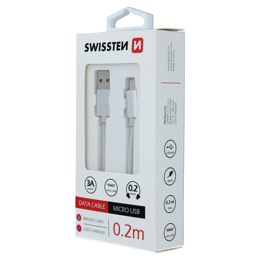 Cablu de date Swissten textil USB / Micro USB 0,2 m Argintiu thumb