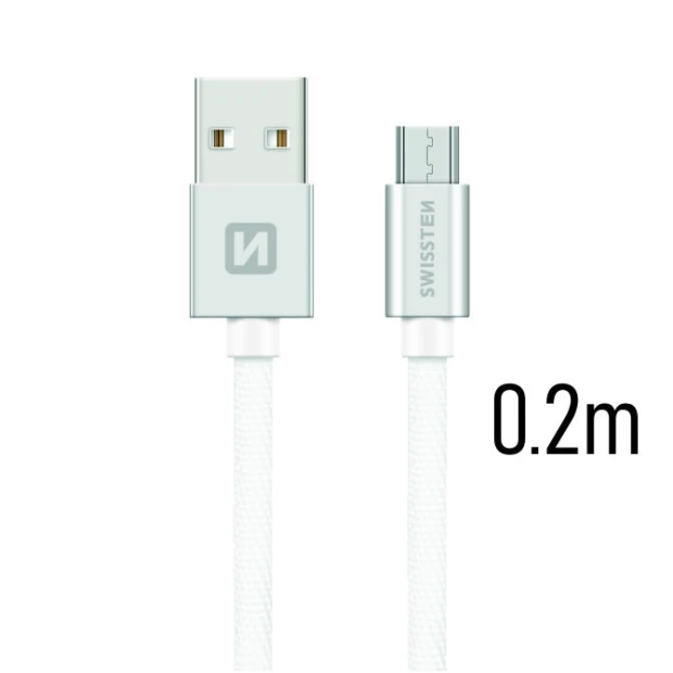 Cablu de date Swissten textil USB / Micro USB 0,2 m Argintiu