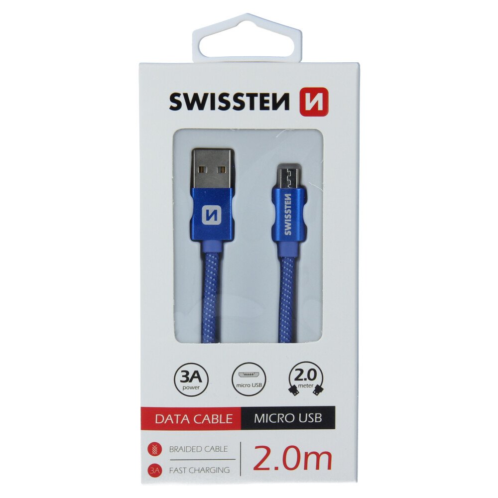 Cablu de date Swissten textil USB / Micro USB 2,0 m albastru thumb