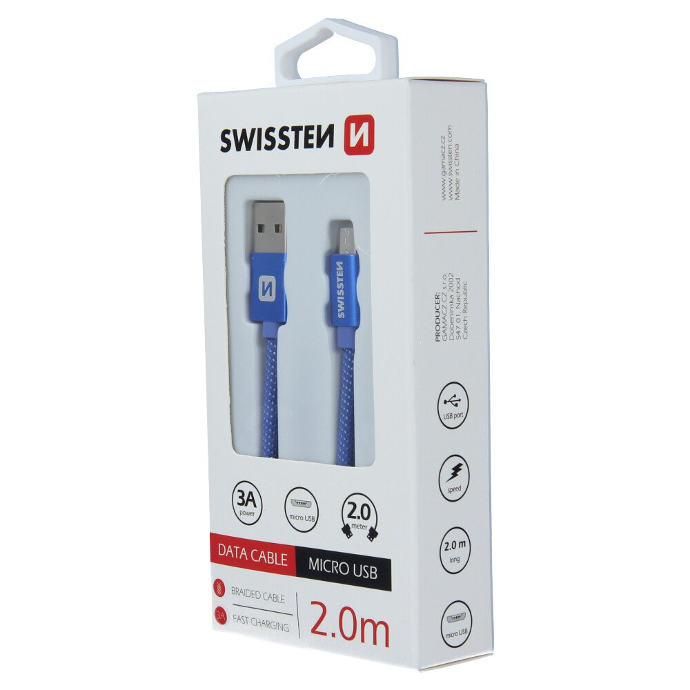 Cablu de date Swissten textil USB / Micro USB 2,0 m albastru thumb