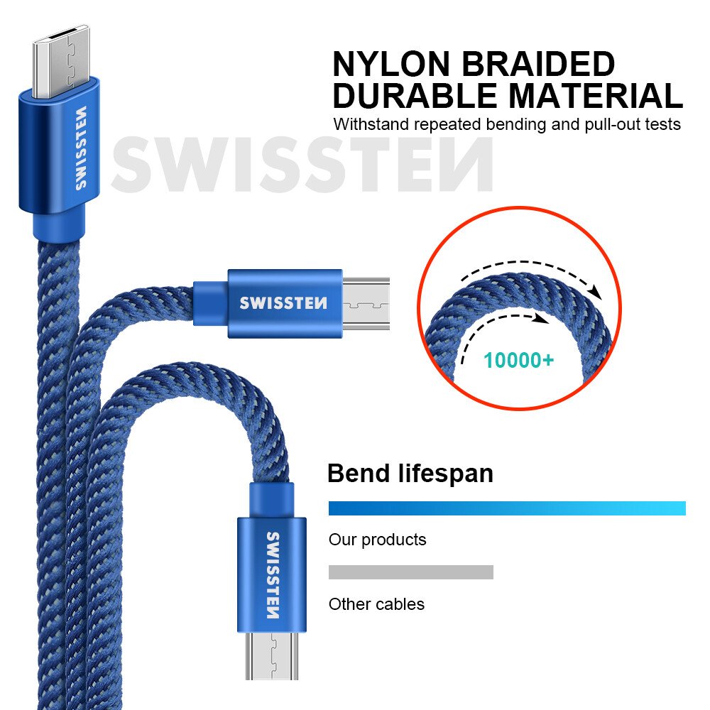 Cablu de date Swissten textil USB / Micro USB 2,0 m albastru thumb