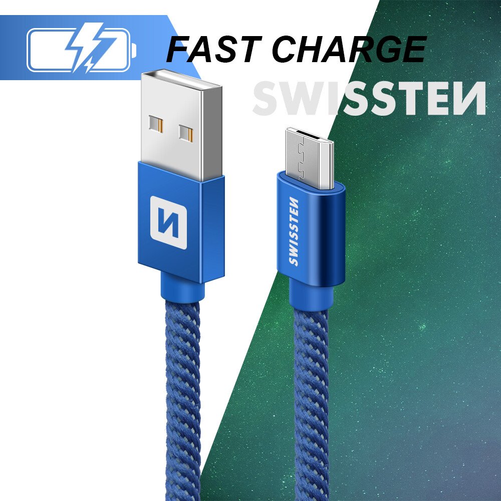 Cablu de date Swissten textil USB / Micro USB 2,0 m albastru thumb