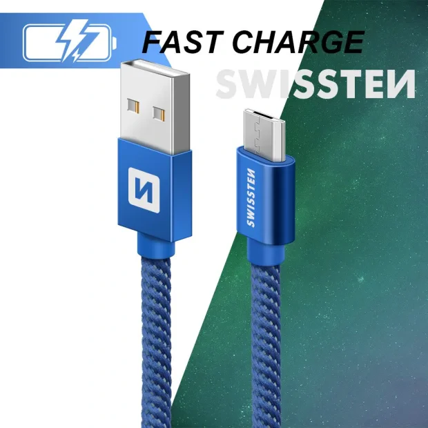 Cablu de date Swissten textil USB / Micro USB 2,0 m albastru