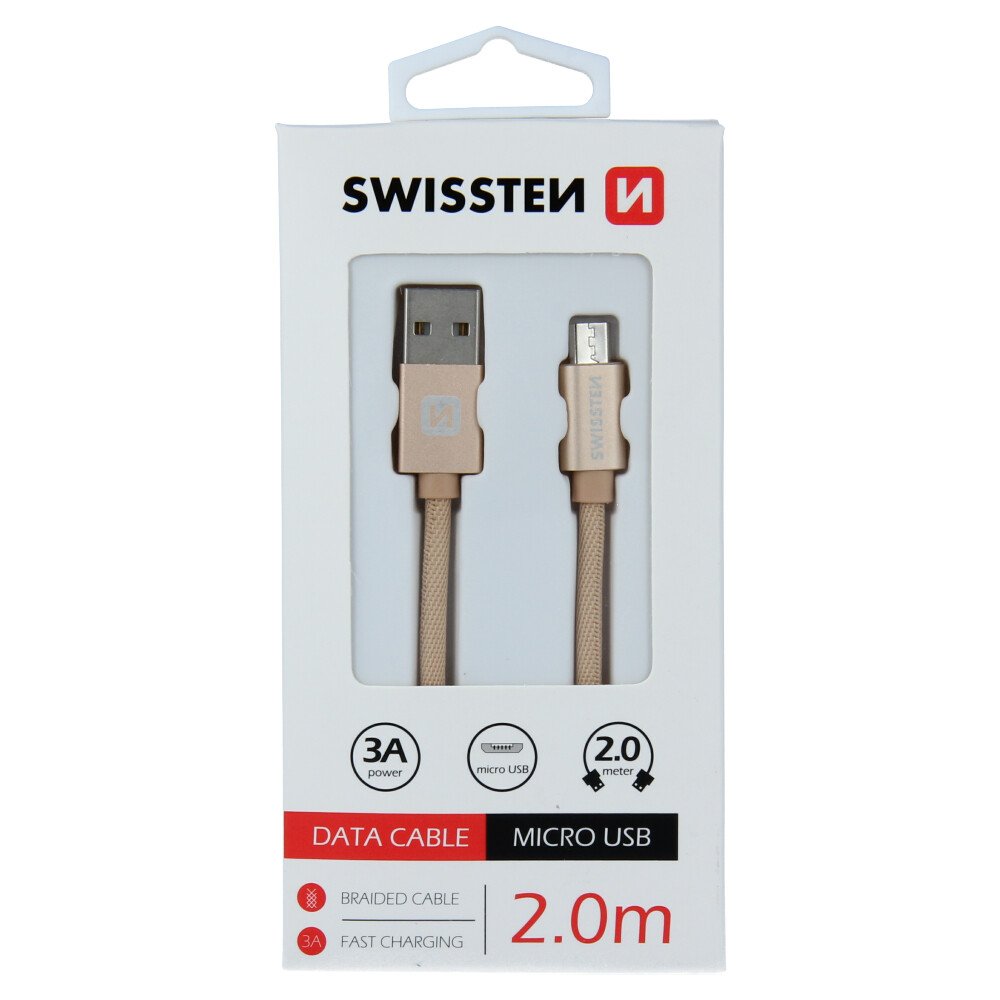 Cablu de date Swissten textil USB / Micro USB 2,0 m Gold thumb