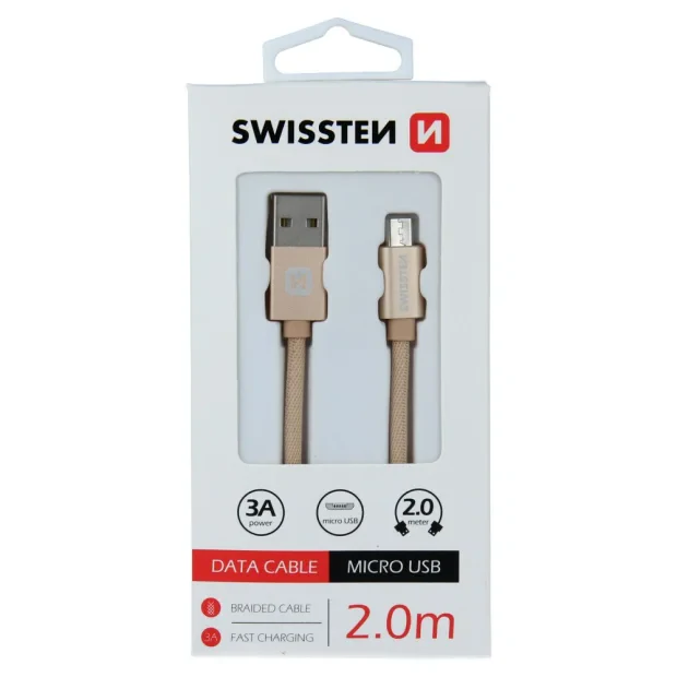 Cablu de date Swissten textil USB / Micro USB 2,0 m Gold