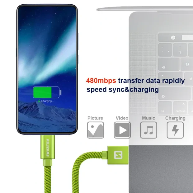 Cablu de date Swissten textil USB / Micro USB 2,0 m verde