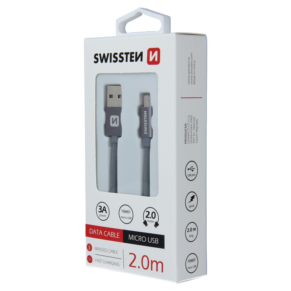 Cablu de date Swissten textil USB / Micro USB 2,0 m gri thumb