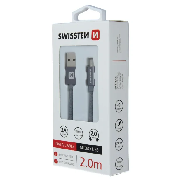 Cablu de date Swissten textil USB / Micro USB 2,0 m gri
