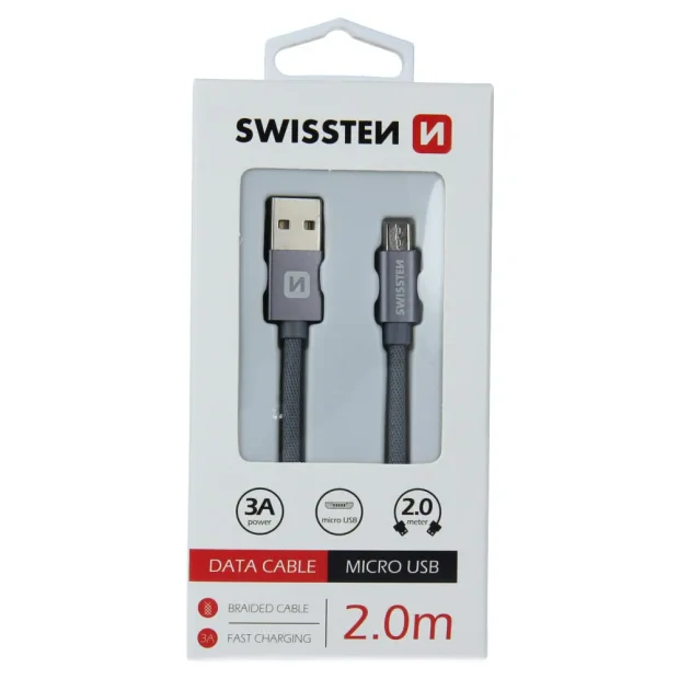 Cablu de date Swissten textil USB / Micro USB 2,0 m gri