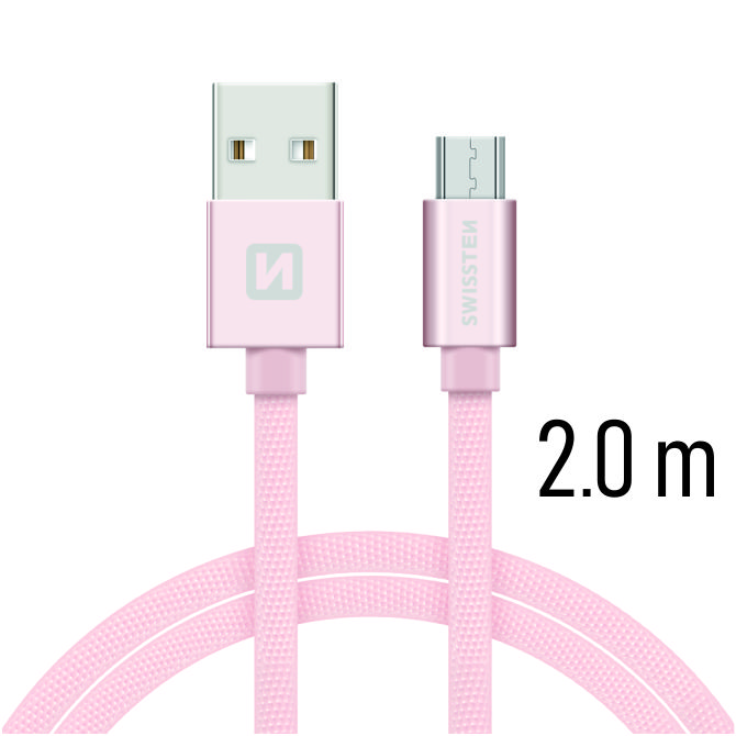 Cablu de date Swissten textil USB / Micro USB 2,0 m ROZ / Auriu thumb