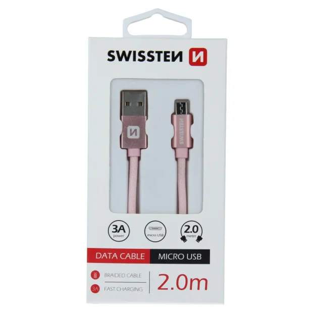 Cablu de date Swissten textil USB / Micro USB 2,0 m ROZ / Auriu