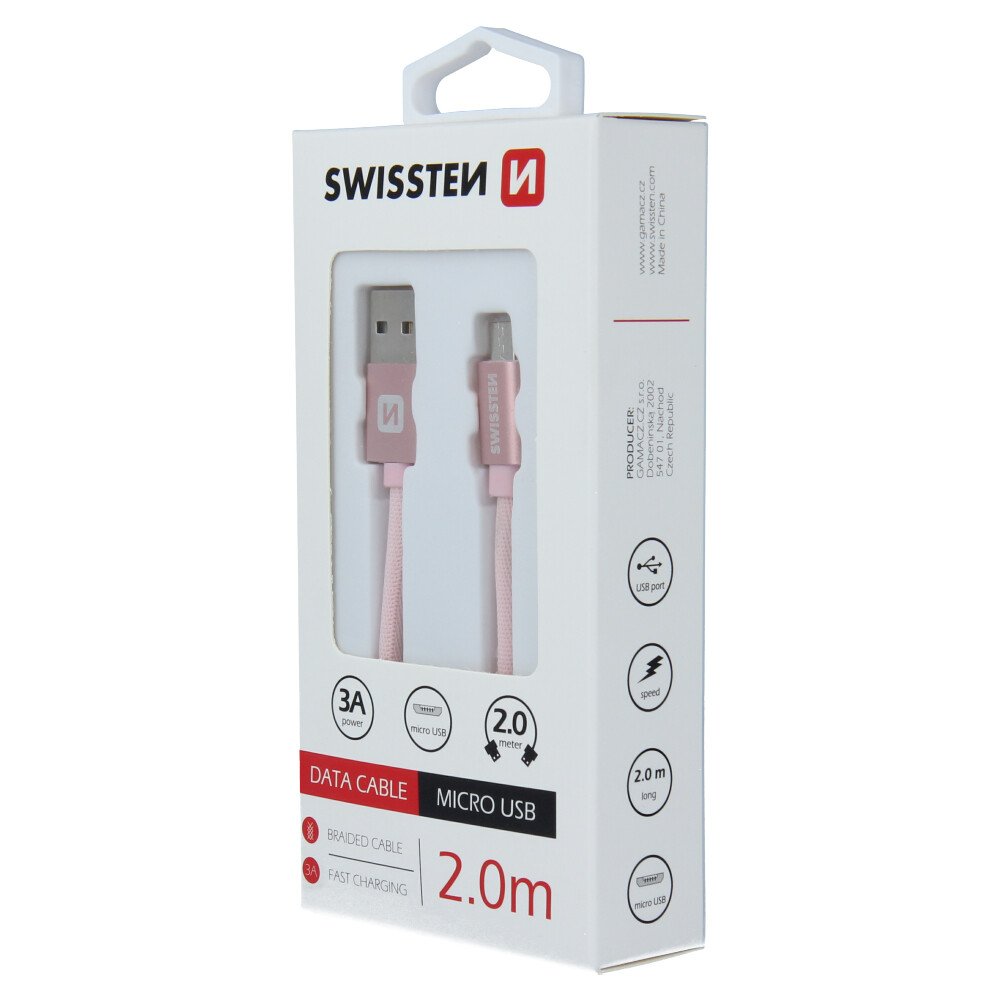 Cablu de date Swissten textil USB / Micro USB 2,0 m ROZ / Auriu thumb