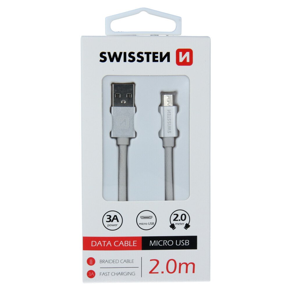 Cablu de date Swissten textil USB / Micro USB 2,0 m Argintiu thumb