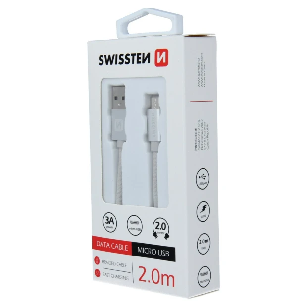 Cablu de date Swissten textil USB / Micro USB 2,0 m Argintiu