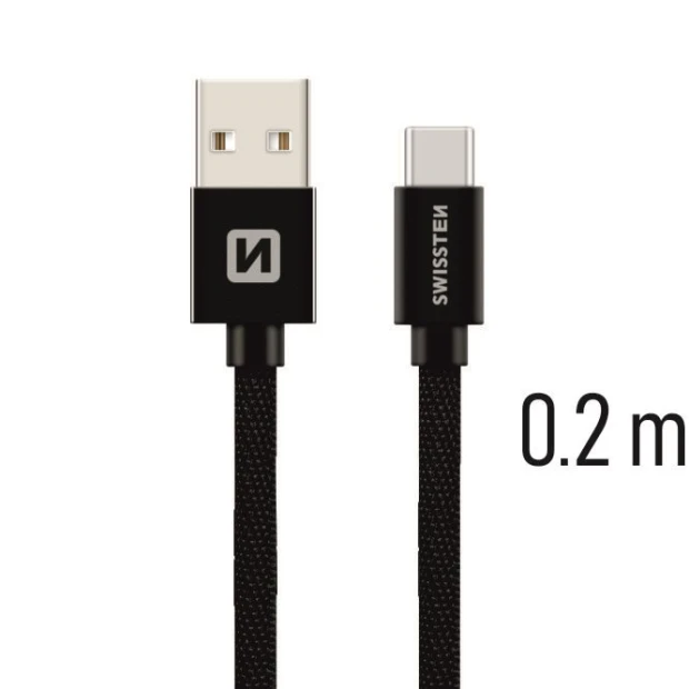 Cablu de date Swissten textil USB / USB-C 0,2 M Negru