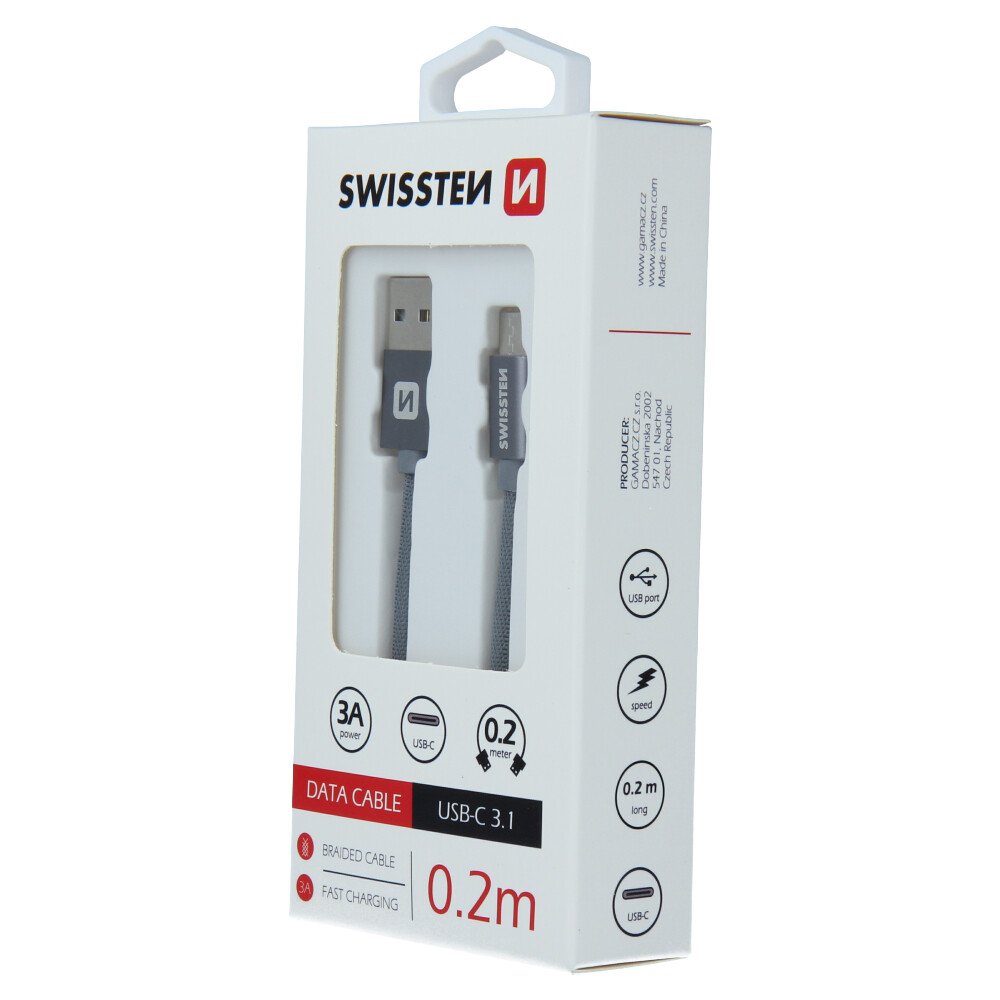 Cablu de date Swissten textil textil USB / USB-C 0,2 m gri thumb