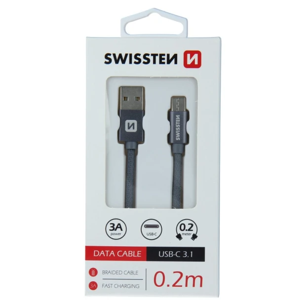 Cablu de date Swissten textil textil USB / USB-C 0,2 m gri