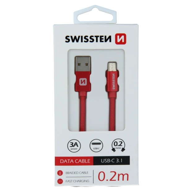 Cablu de date Swissten textil USB / USB-C 0,2 m Rosu