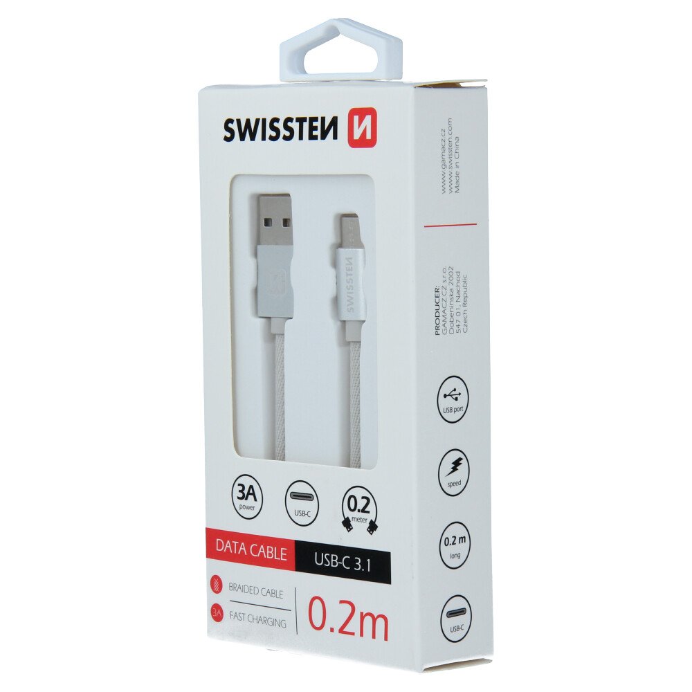 Cablu de date Swissten textil USB / USB-C 0,2 m Argintiu thumb