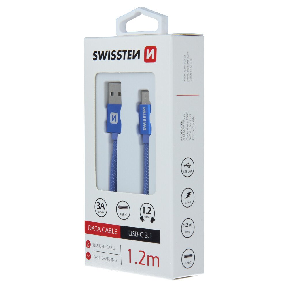 Cablu de date Swissten textil USB / USB-C 1,2 m albastru thumb