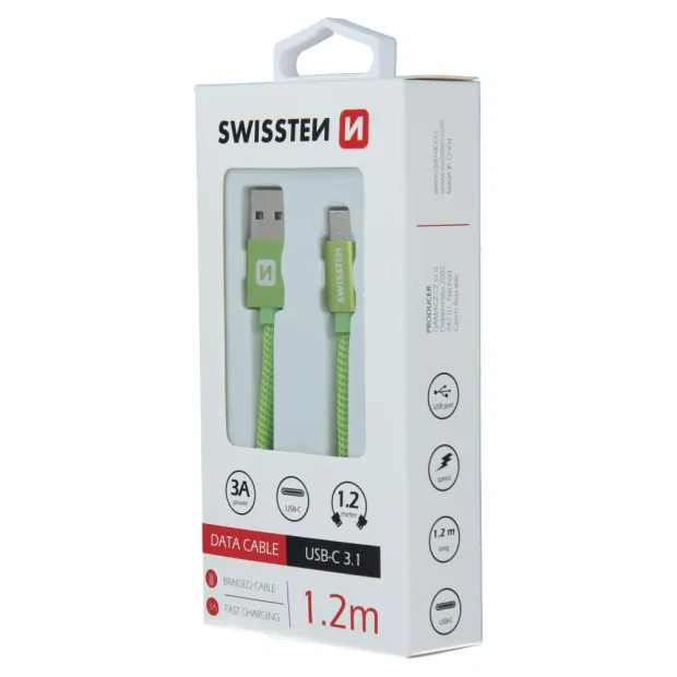Cablu de date Swissten textil USB / USB-C 1,2 m verde