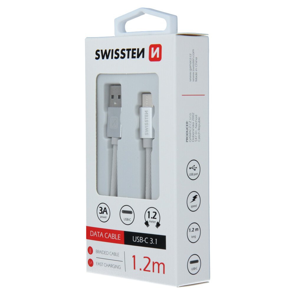 Cablu de date Swissten textil USB / USB-C 1,2 m Argintiu thumb