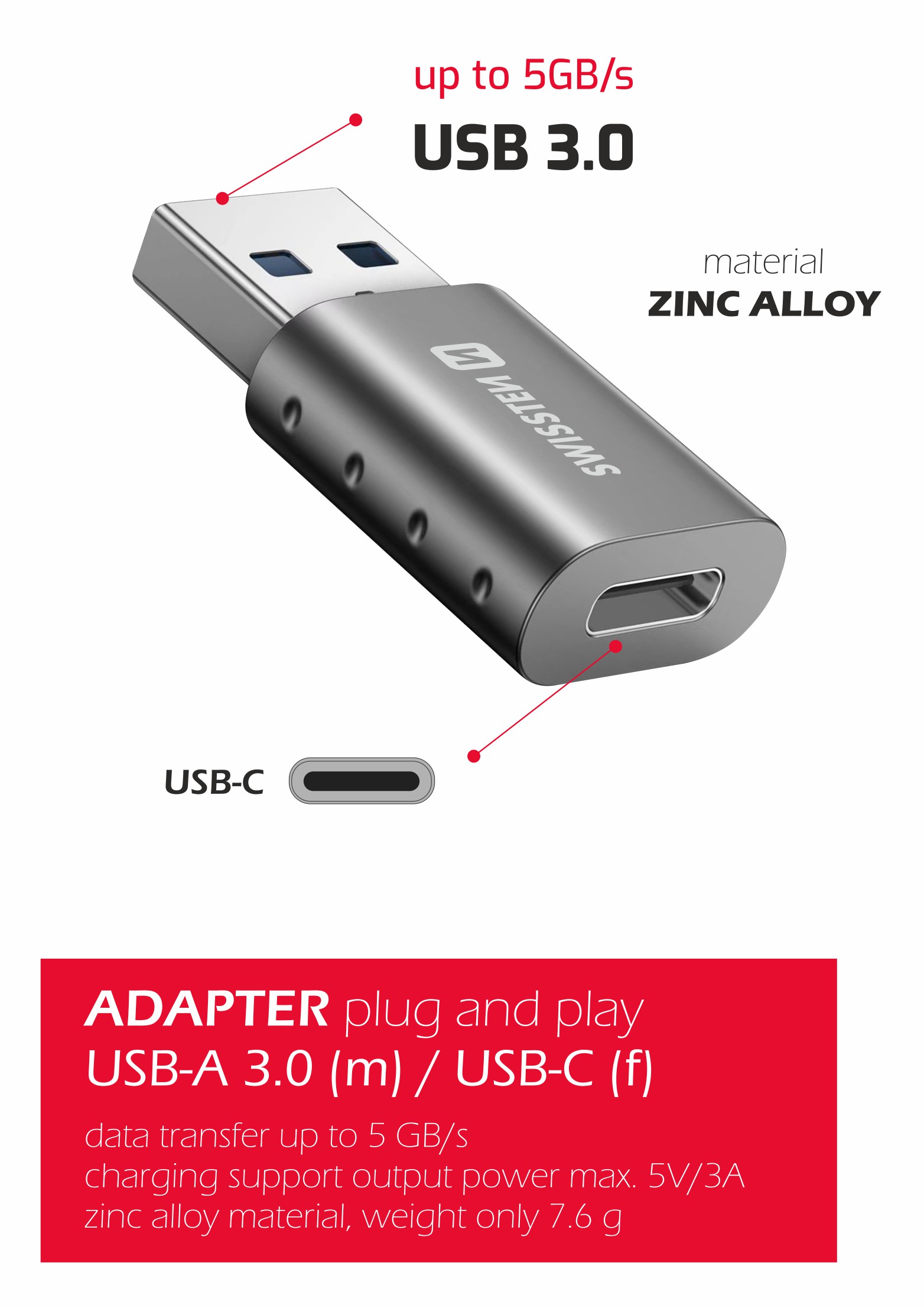 Adaptor Swissten USB-A (M)/USB-C (F) thumb