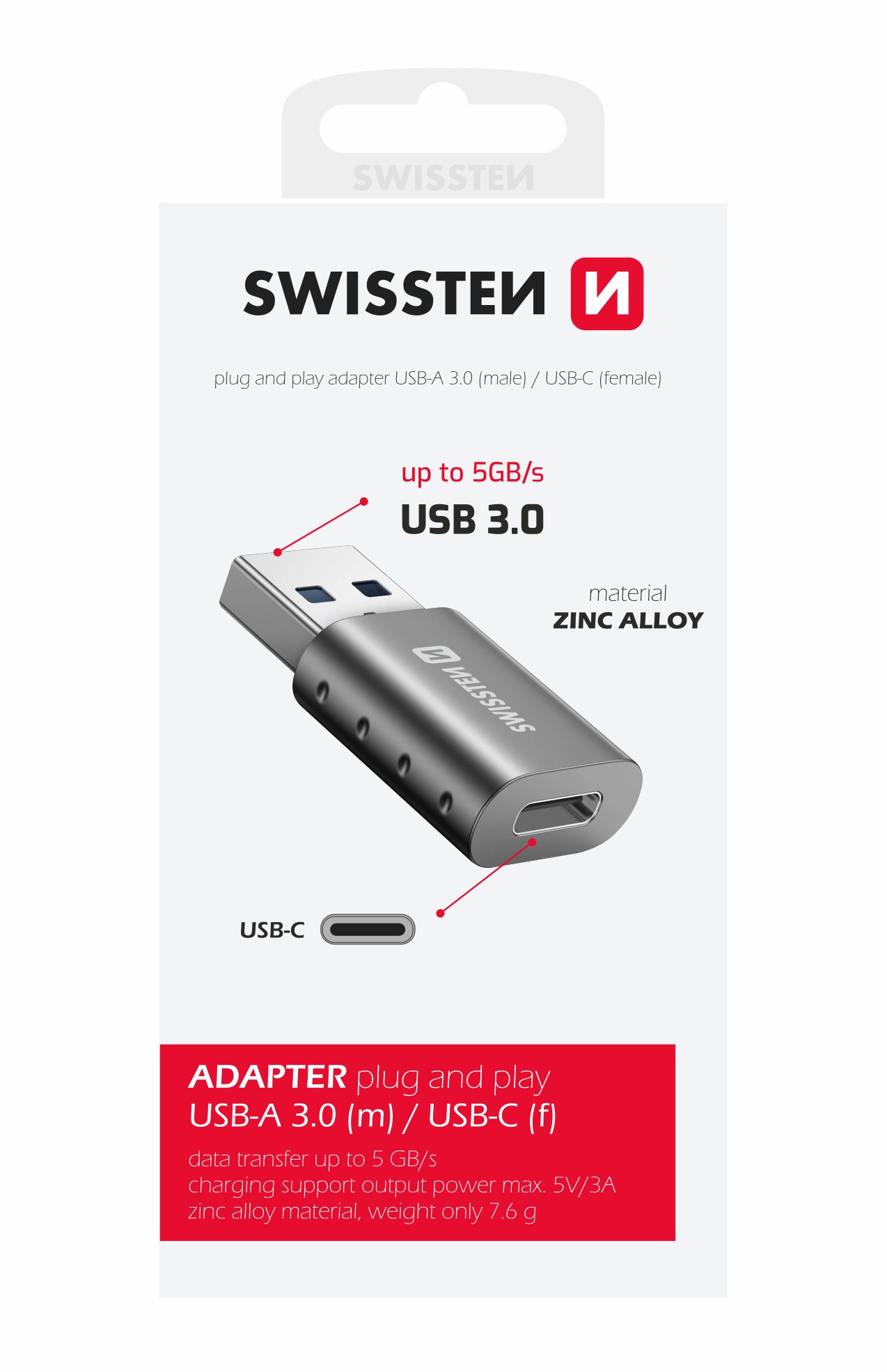Adaptor Swissten USB-A (M)/USB-C (F) thumb