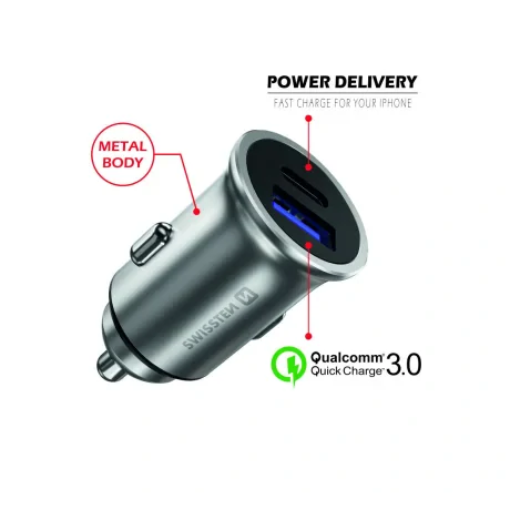 Adaptator Auto Swissten livrare putere usb-c + incarcare rapida 3.0 36w metal argint