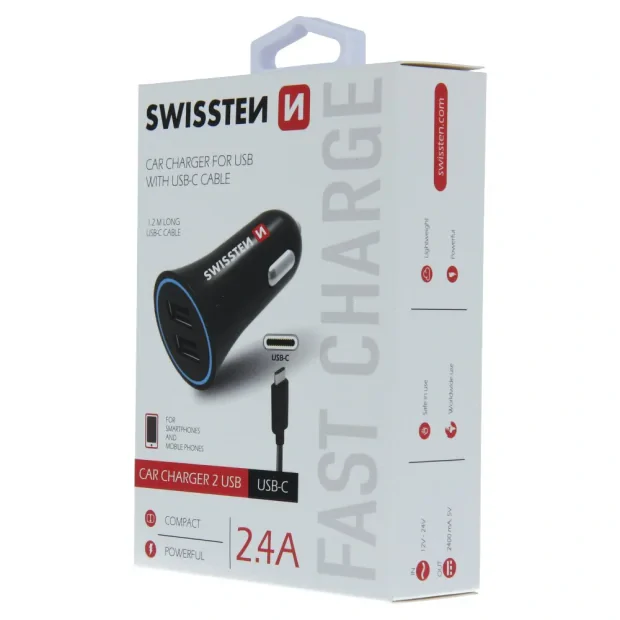 Adaptor Swissten CL 2,4A Power 2x USB + USB-C Cablu
