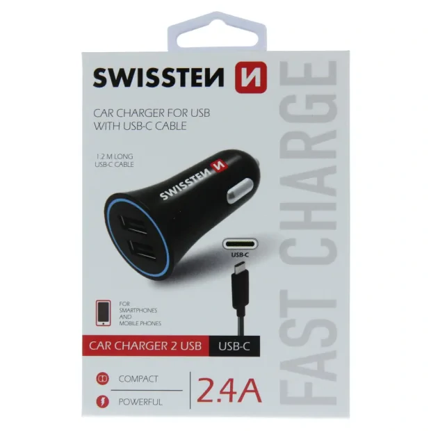 Adaptor Swissten CL 2,4A Power 2x USB + USB-C Cablu