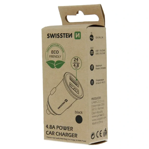 Adaptor Swissten CL 2x USB 4,8A Metal Negru (pachet Eco)