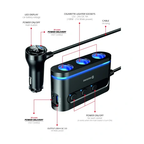 Swissten Adaptor  cu iesire 3x CL, 2x UCB-C PD si 1X USB-A QA 3.0, 108W-216W