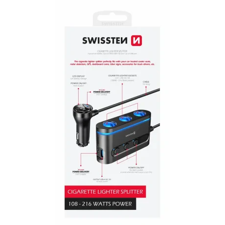 Swissten Adaptor  cu iesire 3x CL, 2x UCB-C PD si 1X USB-A QA 3.0, 108W-216W