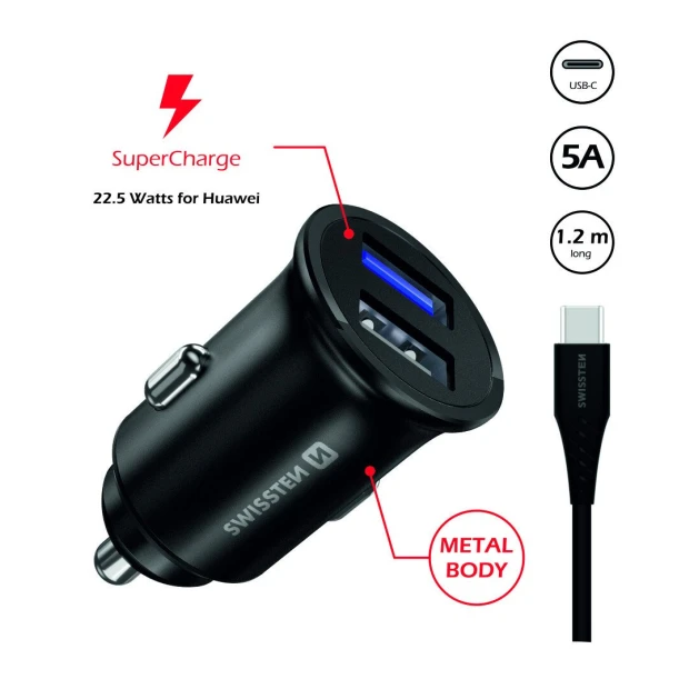 Adaptor Swissten CL PRO Huawei Super Charge 22.5W + Huawei Super Charge 5A 1,2 M Negru