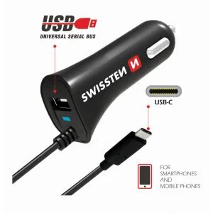 Swissten Incarcator auto USB-C si USB 2.4A Power