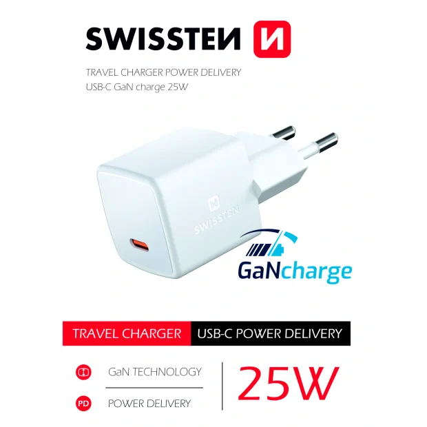 Adaptor Swissten Mini Travel Gan USB-C 25W Power delivery