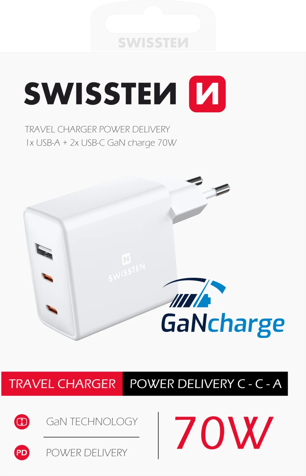 Swissten Travel Adapter Gan 2x USB-C + 1X USB 70W thumb