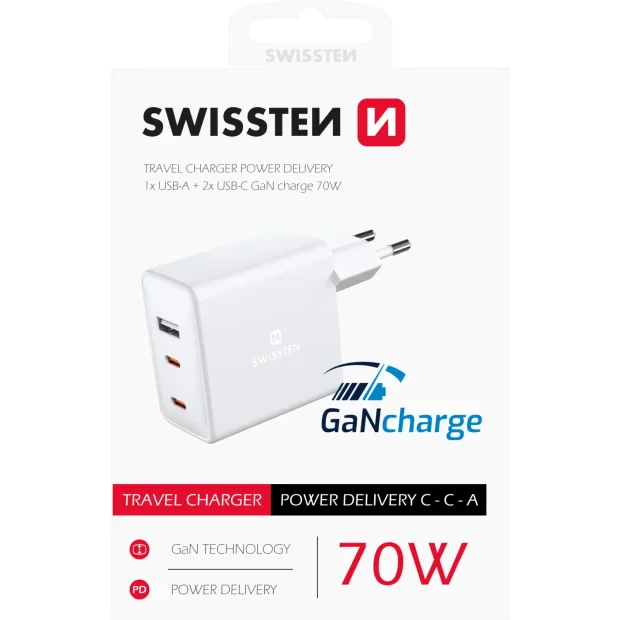 Swissten Travel Adapter Gan 2x USB-C + 1X USB 70W