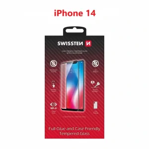 Swissten Glass Full Glue, cadru de culoare, Case friendly iPhone  14 Negru