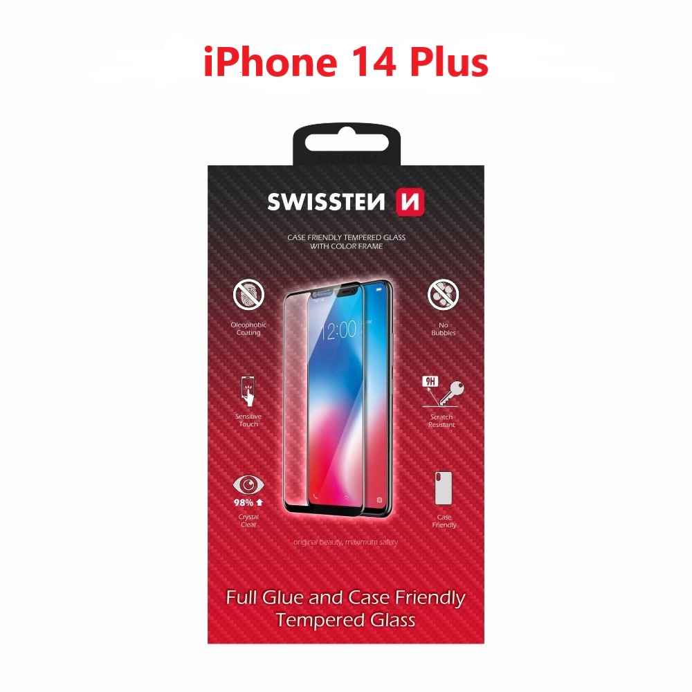 Swissten Glass Full Glue, cadru de culoare, Case friendly iPhone  14 plus Negru thumb
