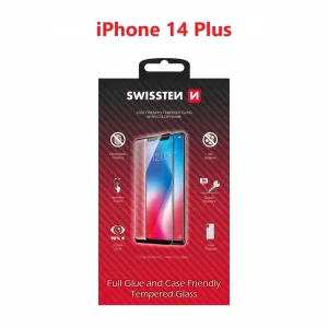 Swissten Glass Full Glue, cadru de culoare, Case friendly iPhone  14 plus Negru