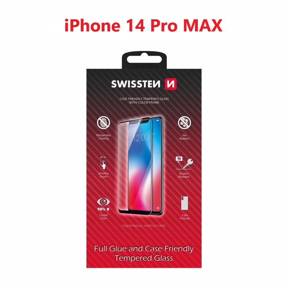 Swissten Glass Full Glue, cadru de culoare, Case friendly iPhone  14 PRO Max Negru thumb