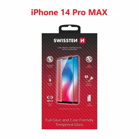 Swissten Glass Full Glue, cadru de culoare, Case friendly iPhone  14 PRO Max Negru