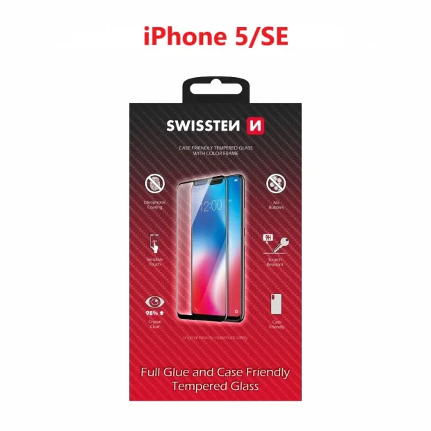 Swissten Glass Full Glue, cadru de culoare, Case friendly Apple iPhone 5/SE Negru