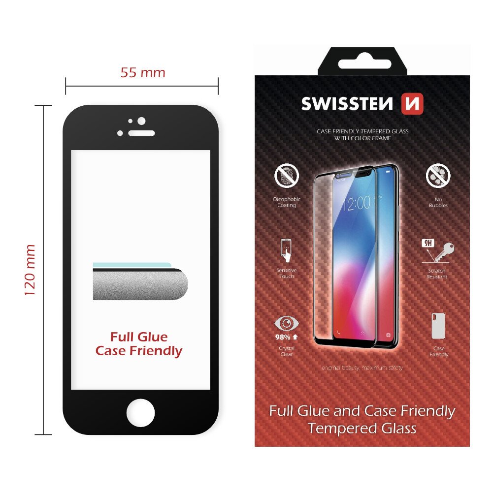 Swissten Glass Full Glue, cadru de culoare, Case friendly Apple iPhone 5/SE Negru thumb