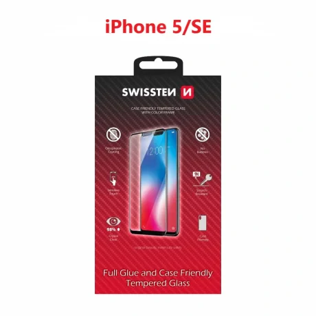 Swissten Glass Full Glue, cadru de culoare, Case friendly Apple iPhone 5/SE Alb