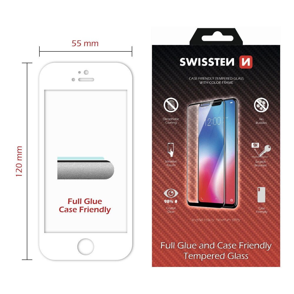 Swissten Glass Full Glue, cadru de culoare, Case friendly Apple iPhone 5/SE Alb thumb