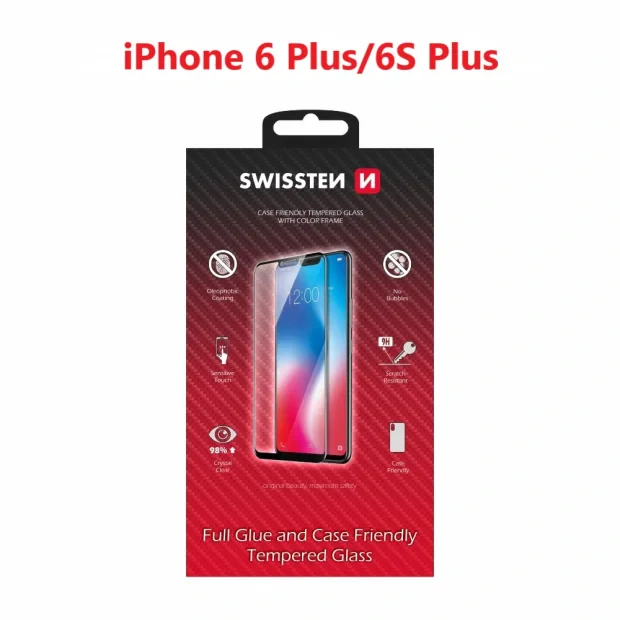 Swissten Glass Full Glue, cadru de culoare, Case friendly Apple iPhone 6 Plus/6s Plus Negru