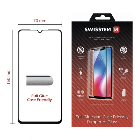 Swissten Glass Full Glue, cadru de culoare, Case friendly Samsung A105 Galaxy A10 Negru